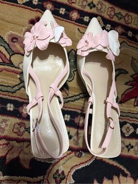 Pointed Slingback Mules with Pink Floral Applique